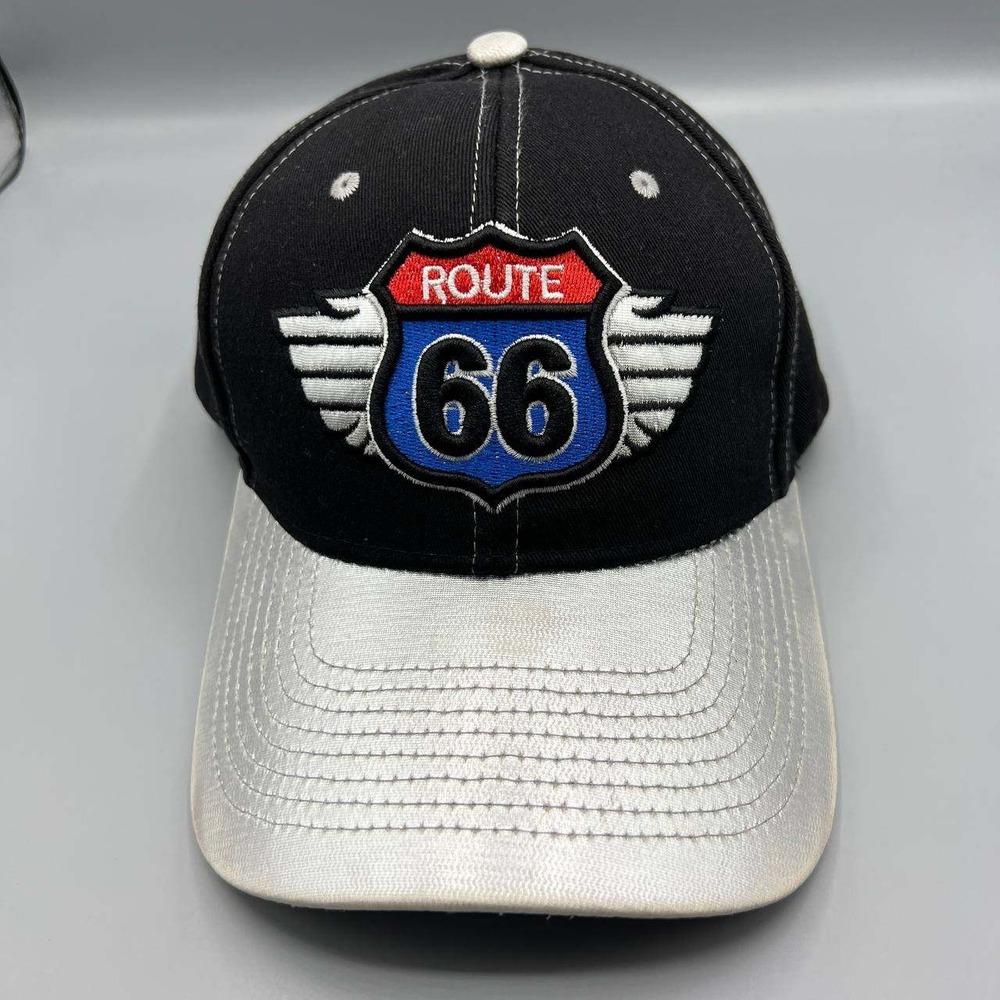 Route 66 Hat Men Black Silver Embroidered Snap Back Cap